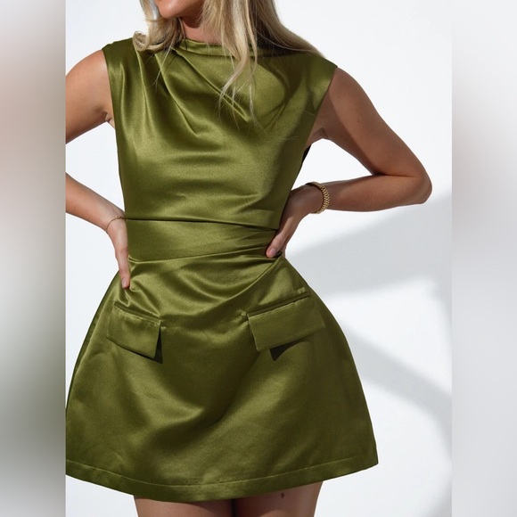 Sold out Odd Muse Satin Straight Neck Mini Dress | Green | VIRAL - Picture 3 of 5